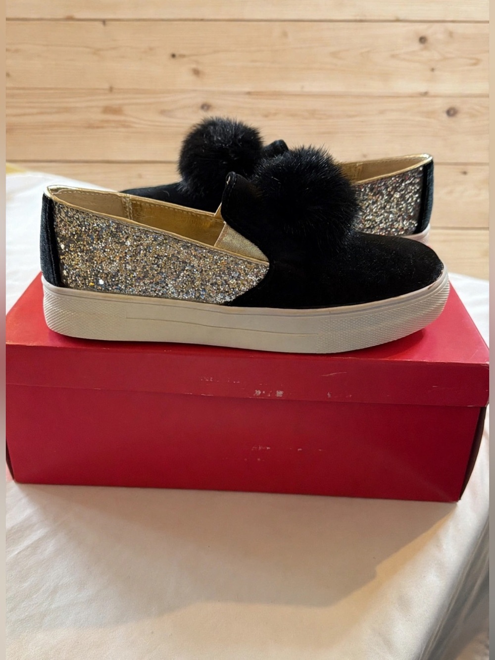 Nina Black Velvet Slip-On Sneakers with Gold Glitter Panels and Pom